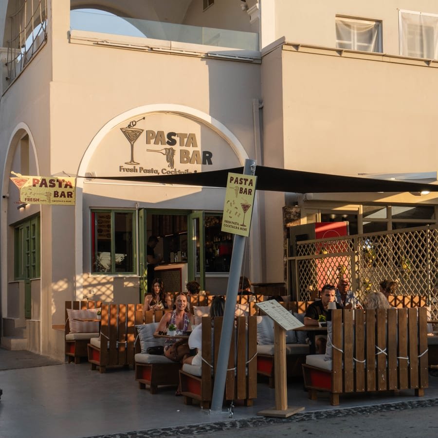 Pasta Bar entrance on Oia square