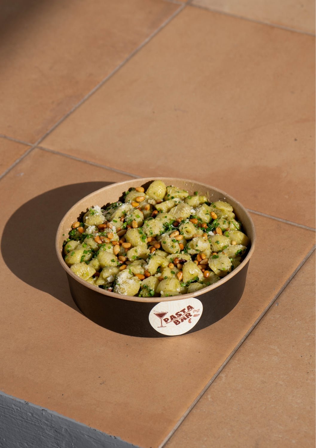 Pesto — fresh handmade pasta, served at Pasta Bar Santorini