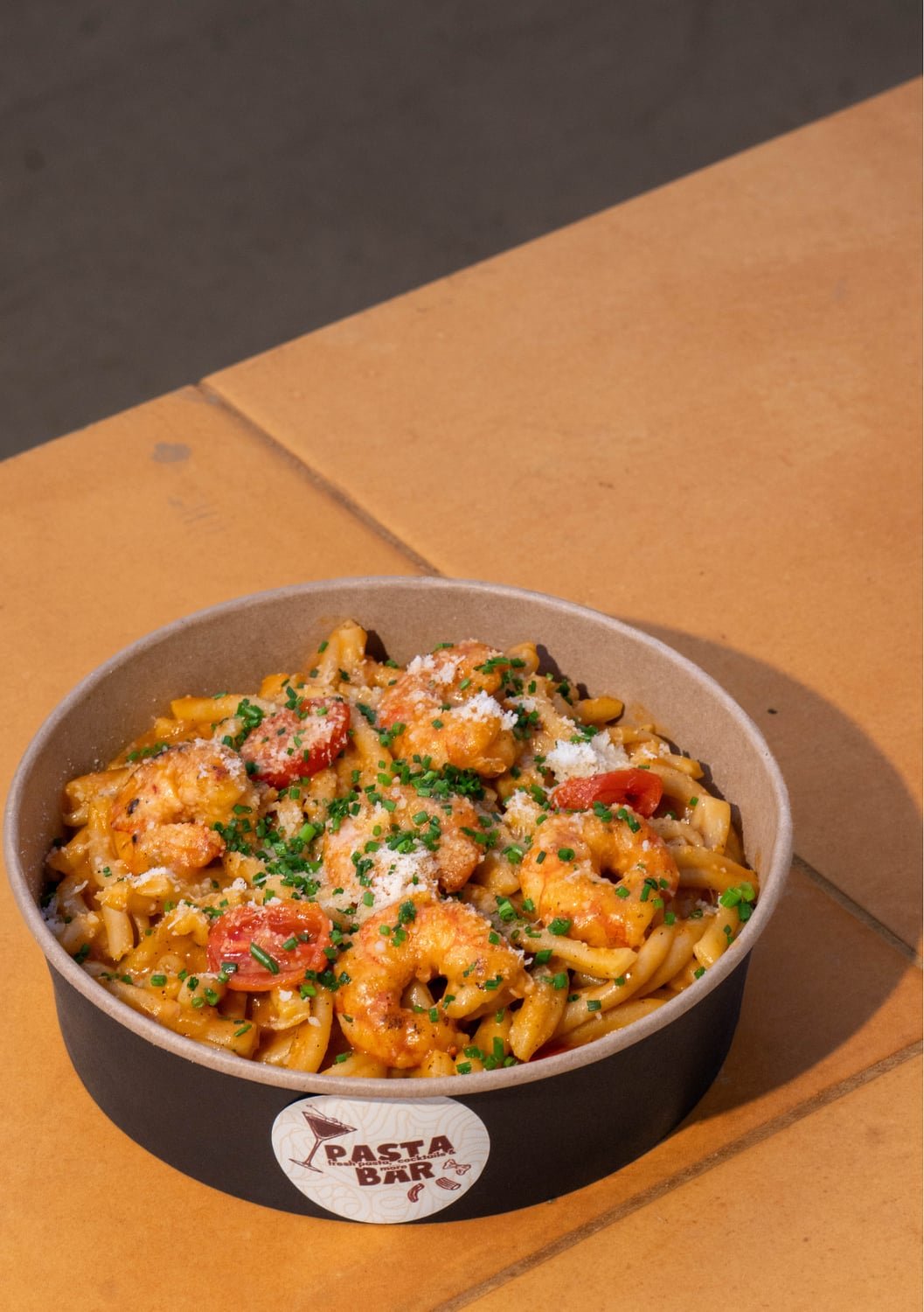 Shrimp Pasta — fresh handmade pasta, served at Pasta Bar Santorini